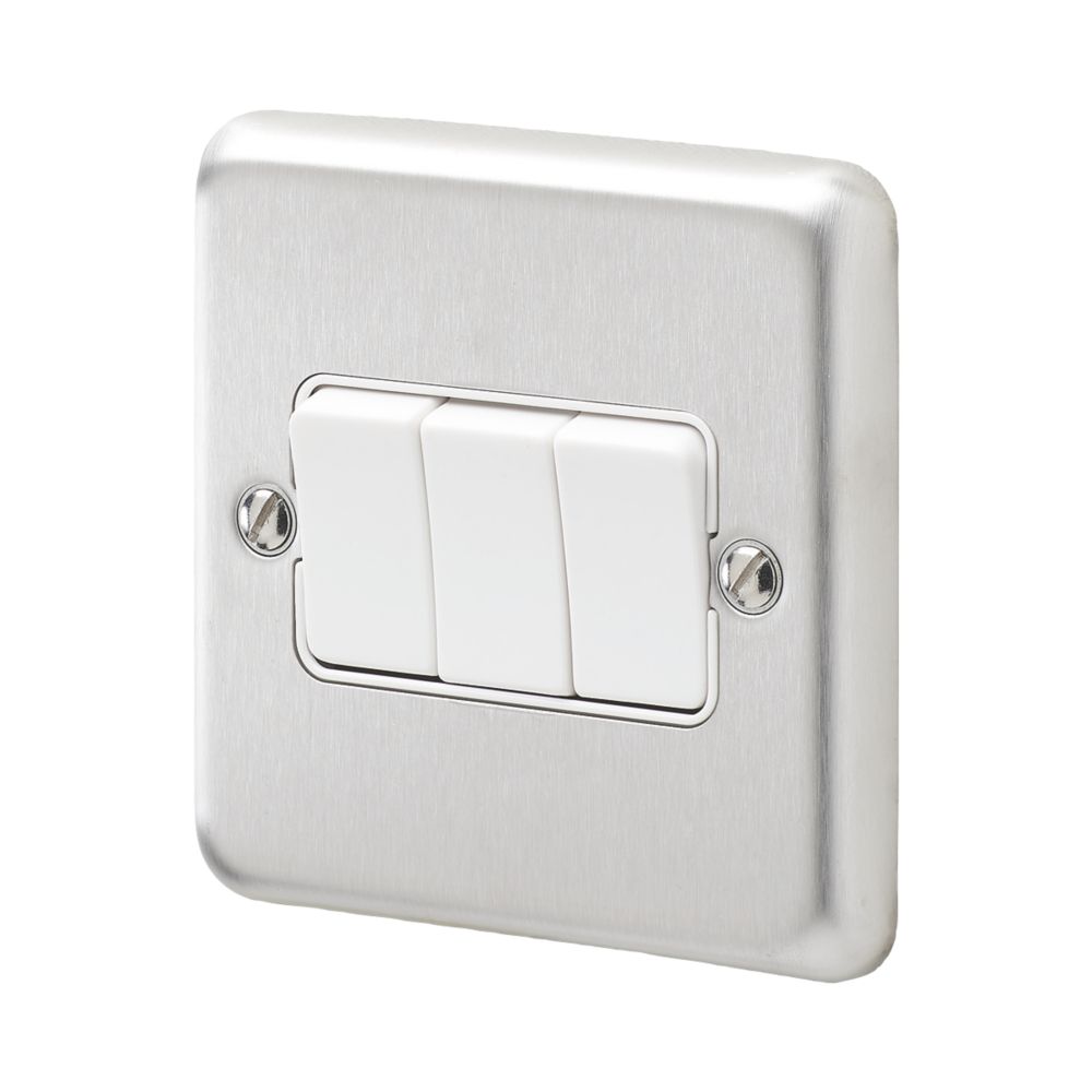 Image of MK Contoura 10A 3-Gang 2-Way Switch Brushed Stainless Steel with White Inserts 