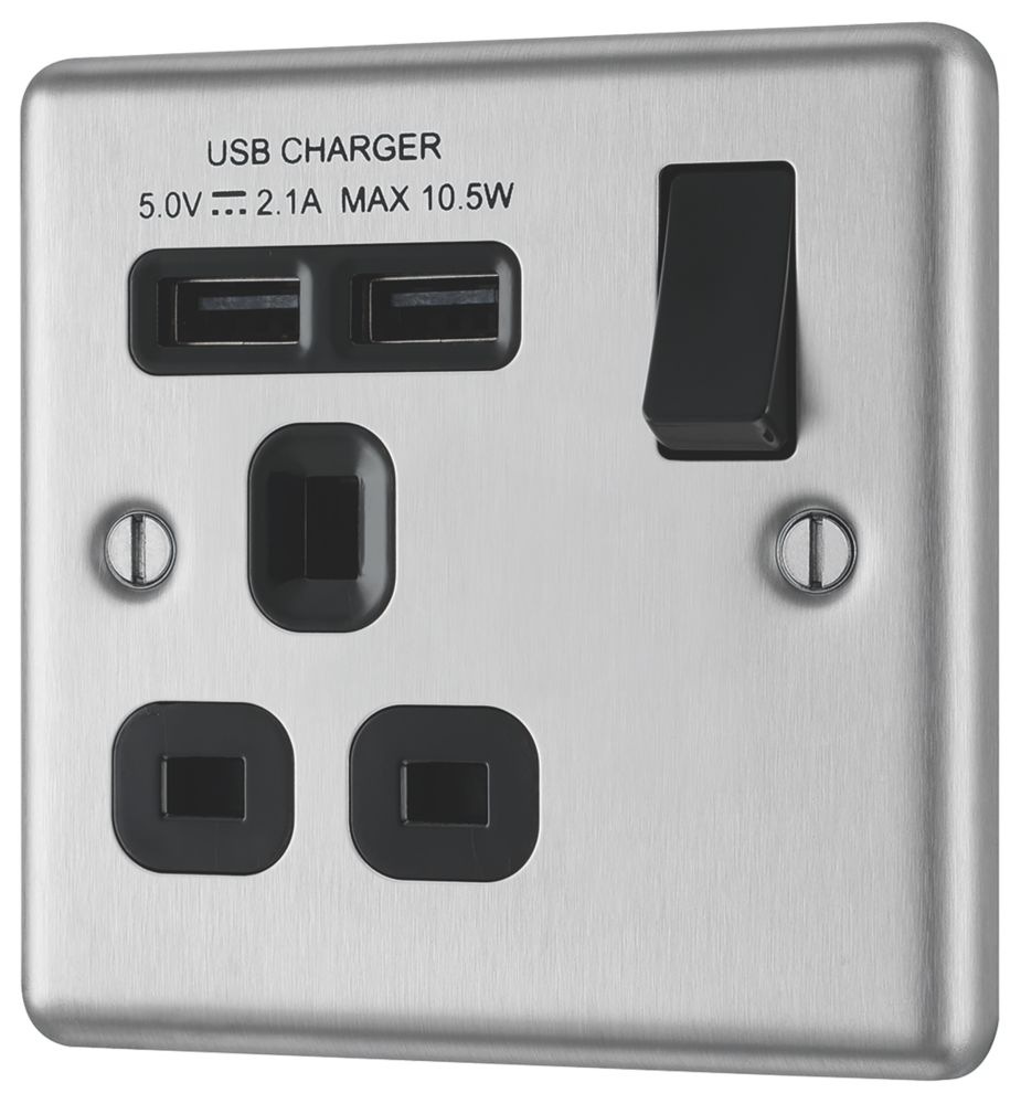 Image of LAP 13A 1-Gang SP Switched Socket + 2.1A 2-Outlet Type A USB Charger Brushed Stainless Steel with Black Inserts 