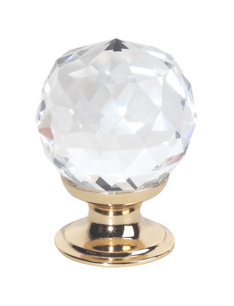 Image of Modern Faceted Glass Cabinet Knobs Polished Brass 30mm 2 Pack 