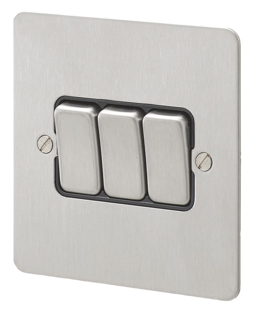 Image of MK Edge 10AX 3-Gang 2-Way Light Switch Brushed Stainless Steel with Black Inserts 
