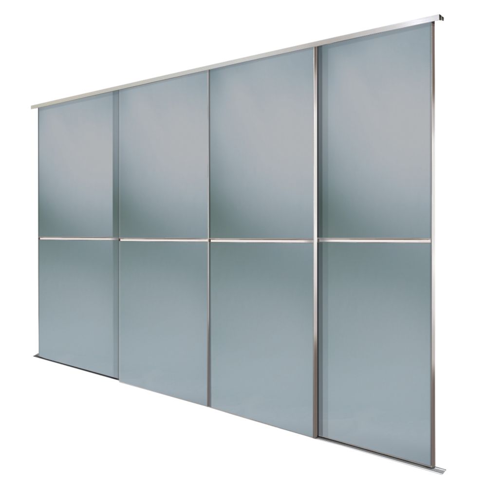 Image of Spacepro Minimalist 4-Door Sliding Wardrobe Door Kit Silver Frame Grey Tinted Mirror Panel 3024mm x 2260mm 