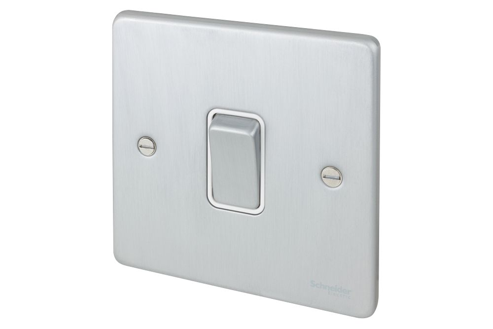 Image of Schneider Electric Ultimate Low Profile 16AX 1-Gang Intermediate Switch Brushed Chrome with White Inserts 