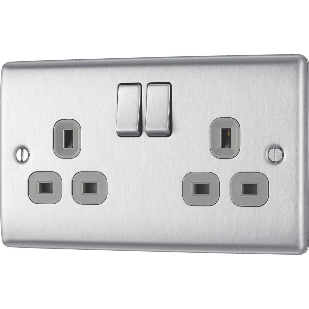 Image of British General Nexus Metal 13A 2-Gang DP Switched Plug Socket Brushed Steel with Graphite Inserts 