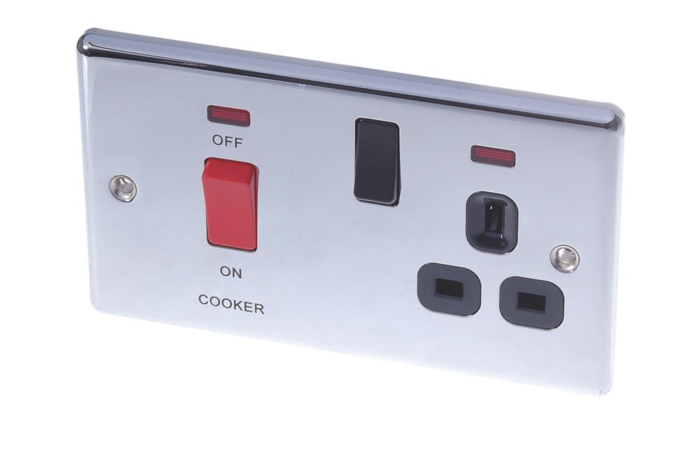 Image of LAP 45A 2-Gang DP Cooker Switch & 13A DP Switched Socket Polished Chrome with Neon with Black Inserts 