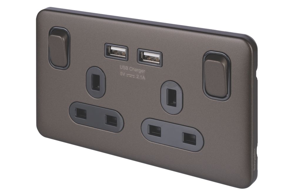 Image of Schneider Electric Lisse Deco 13A 2-Gang SP Switched Socket + 2.1A 2-Outlet Type A USB Charger Mocha Bronze with Black Inserts 