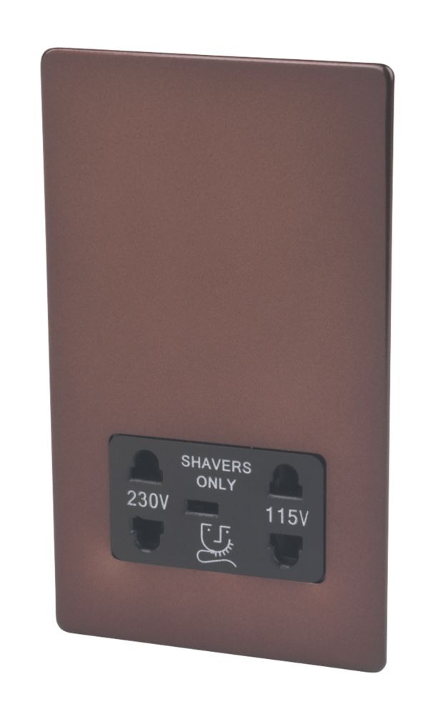 Image of Varilight 2-Gang Dual Voltage Shaver Socket 115 / 230V Mocha with Black Inserts 