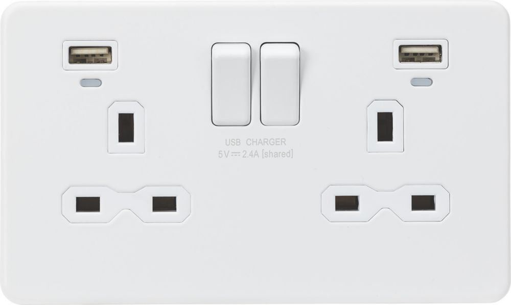 Image of Knightsbridge 13A 2-Gang SP Switched Socket + 2.4A 2-Outlet Type A USB Charger Matt White with White Inserts 