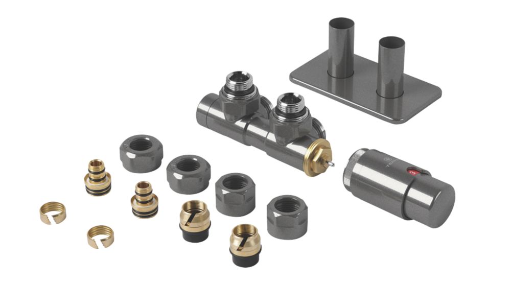 Image of Terma Twins All-in-One Integrated Grey Angled Thermostatic TRV, Lockshield & Pipe Masking Set L/S 1/2" x 15mm 