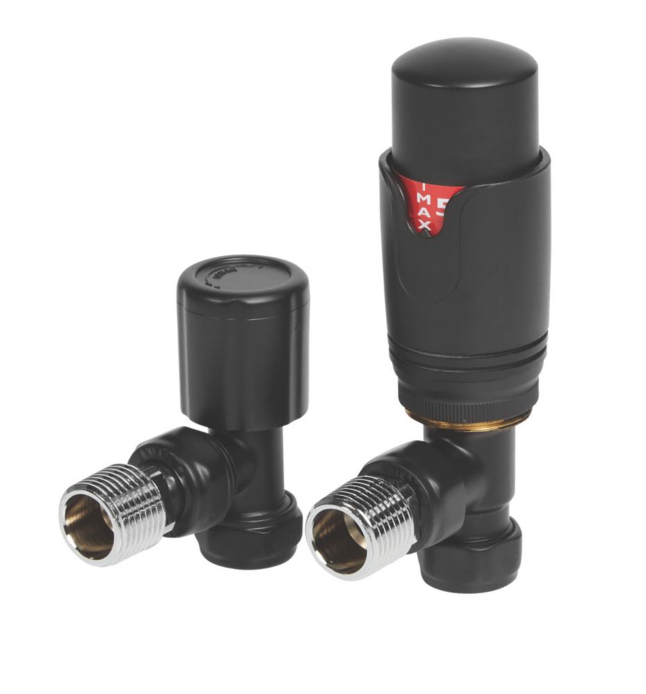 Image of Towelrads Black Angled Thermostatic TRV & Lockshield 15mm x 1/2" 