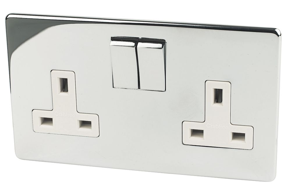 Image of Crabtree Platinum 13A 2-Gang DP Switched Plug Socket Polished Chrome with White Inserts 