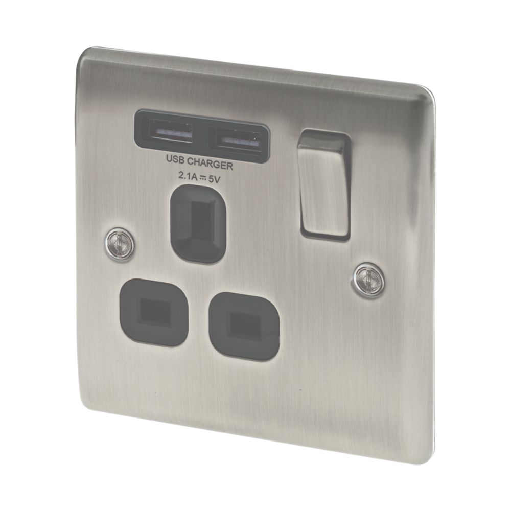 Image of British General Nexus Metal 13A 1-Gang SP Switched Socket + 2.1A 2-Outlet Type A USB Charger Brushed Iridium with Black Inserts 