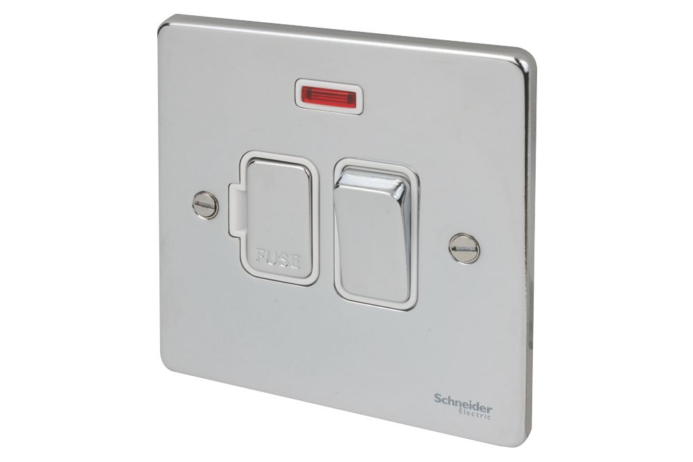 Image of Schneider Electric Ultimate Low Profile 13A Switched Fused Spur with Neon Polished Chrome with White Inserts 
