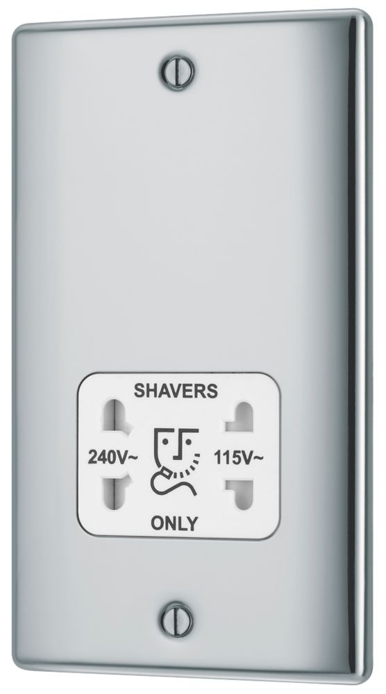 Image of British General Nexus Metal 2-Gang Dual Voltage Shaver Socket 115 / 240V Polished Chrome with White Inserts 