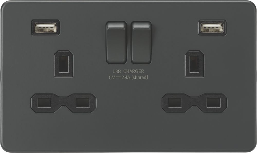 Image of Knightsbridge 13A 2-Gang SP Switched Socket + 2.4A 2-Outlet Type A USB Charger Anthracite with Black Inserts 
