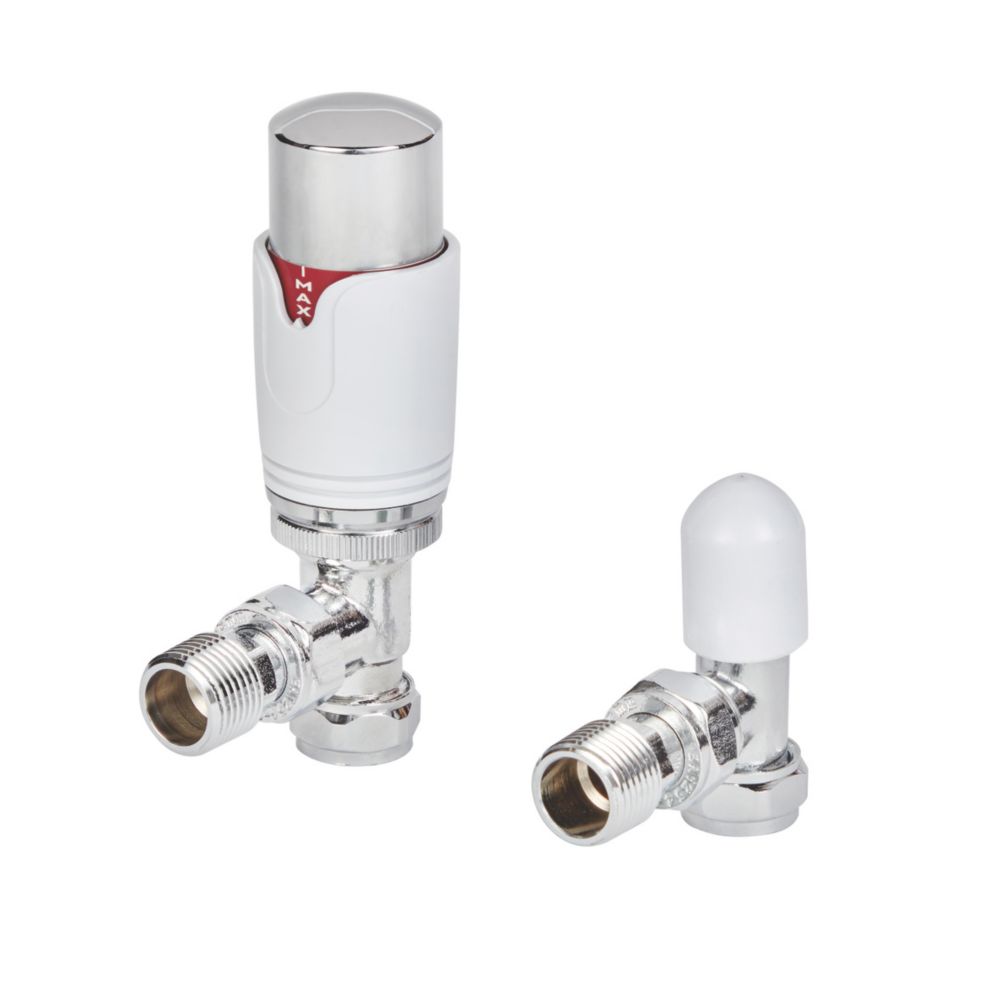 Image of Flomasta White / Chrome Angled Thermostatic Radiator Valve & Lockshield 15mm x 1/2" 