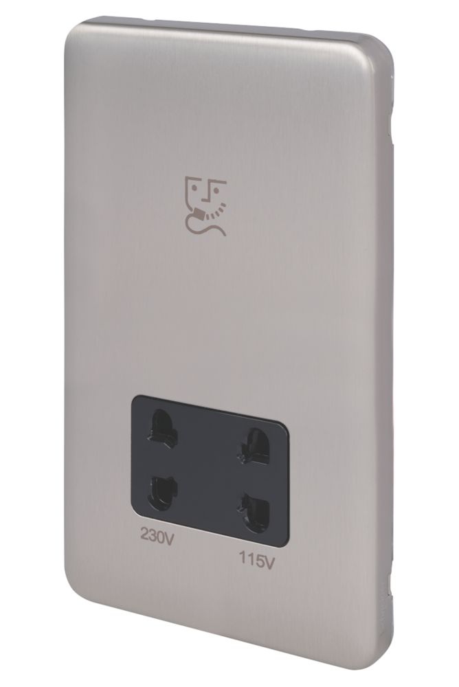 Image of Schneider Electric Lisse Deco 2-Gang Dual Voltage Shaver Socket 115 / 230V Brushed Stainless Steel with Black Inserts 
