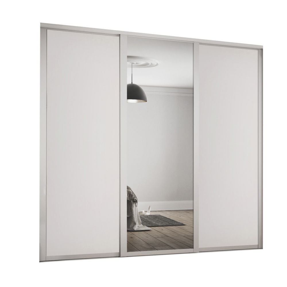 Image of Spacepro 3-Door Sliding Wardrobe Door Kit Dove Grey Frame Dove Grey / Mirror Panel 1680mm x 2260mm 
