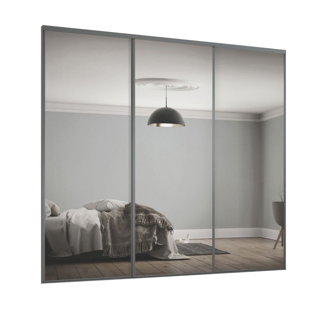 Image of Spacepro Classic 3-Door Sliding Wardrobe Door Kit Graphite Frame Mirror Panel 2978mm x 2260mm 
