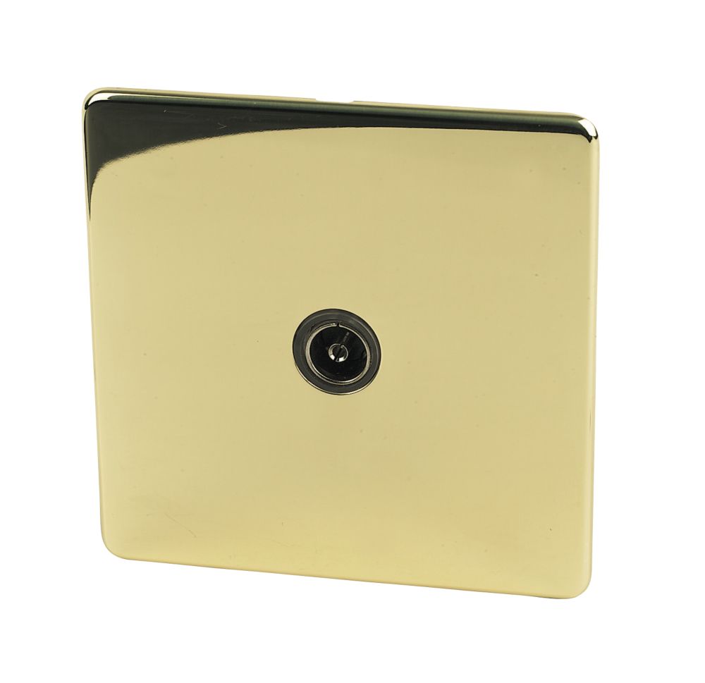 Image of Crabtree Platinum 1-Gang Female Coaxial TV Socket Polished Brass with Black Inserts 