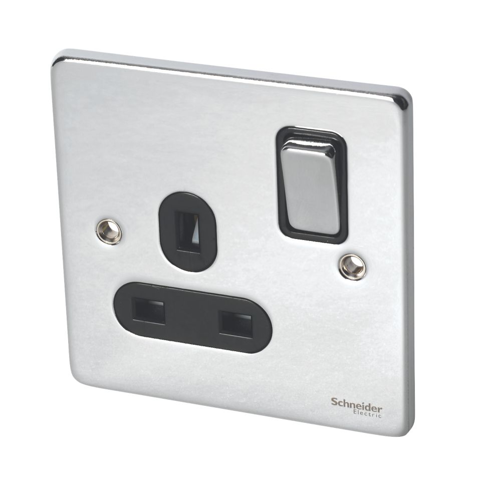 Image of Schneider Electric Ultimate Low Profile 13A 1-Gang SP Switched Plug Socket Polished Chrome with Black Inserts 
