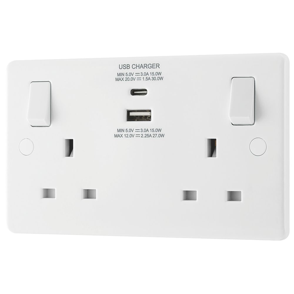 Image of LAP 13A 2-Gang SP Switched Socket + 3A 2-Outlet Type A & C USB Charger White 