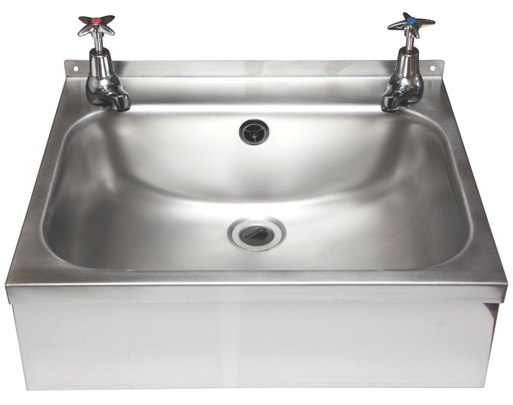 Image of WB18 1 Bowl Stainless Steel Wall-Hung Washbasin & Crosshead Taps 457mm x 357mm 