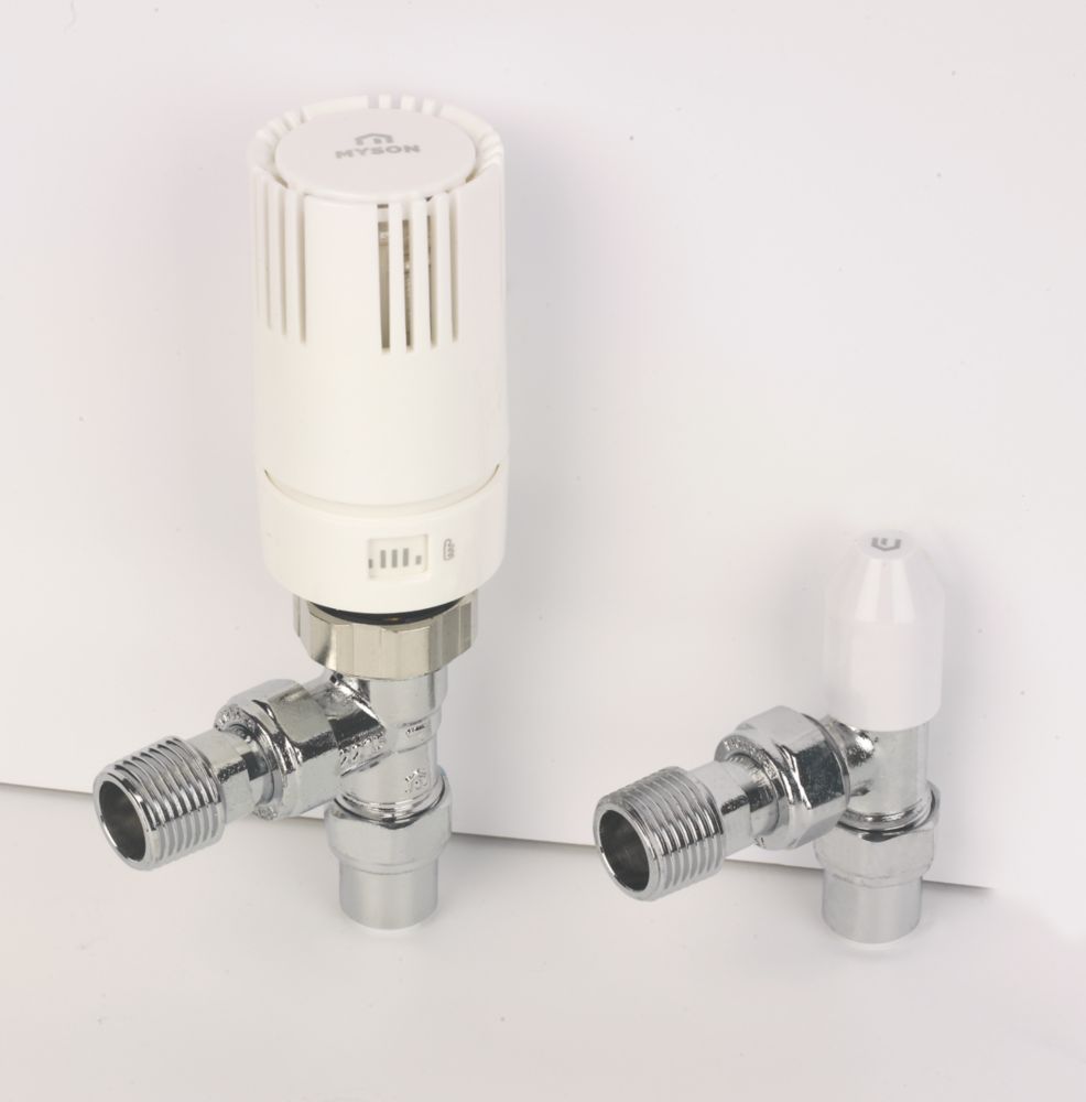 Image of Myson TRV2PAK10ACPF White Angled Thermostatic Push-Fit TRV & Lockshield 10mm x 1/2" 