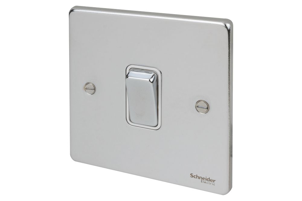 Image of Schneider Electric Ultimate Low Profile 16AX 1-Gang 2-Way Light Switch Polished Chrome with White Inserts 