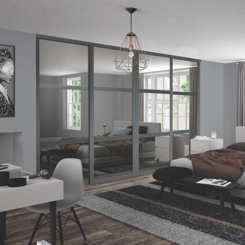 Image of Spacepro Shaker 4-Door Sliding Wardrobe Door Kit Graphite Frame Mirror Panel 2370mm x 2260mm 