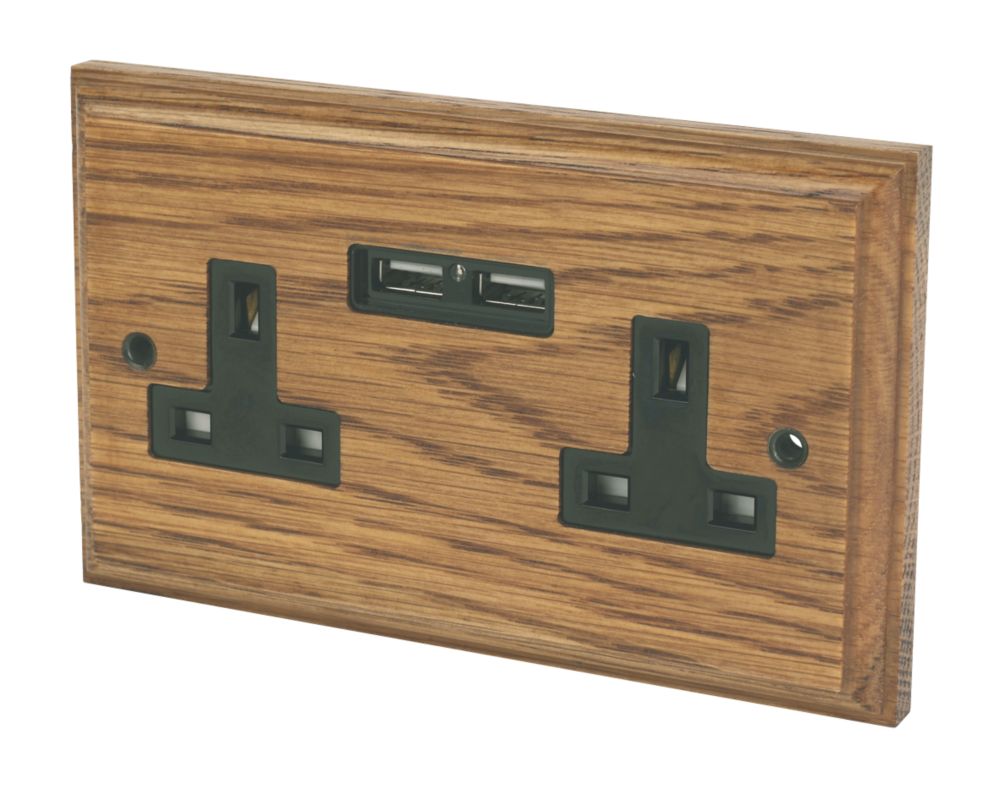 Image of Varilight 13AX 2-Gang Unswitched Socket + 2.1A 2-Outlet Type A USB Charger Medium Oak with Black Inserts 