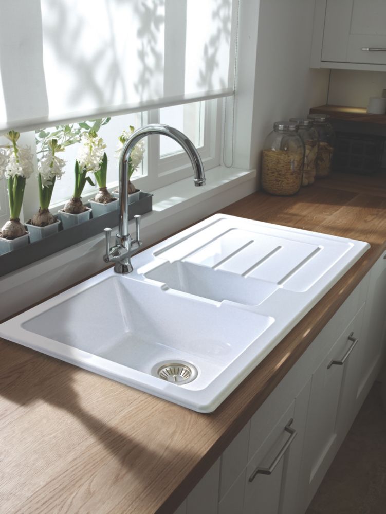 Image of Abode Acton 1.5 Bowl Fireclay Ceramic Kitchen Sink With Reversible Drainer 500mm x 177mm 
