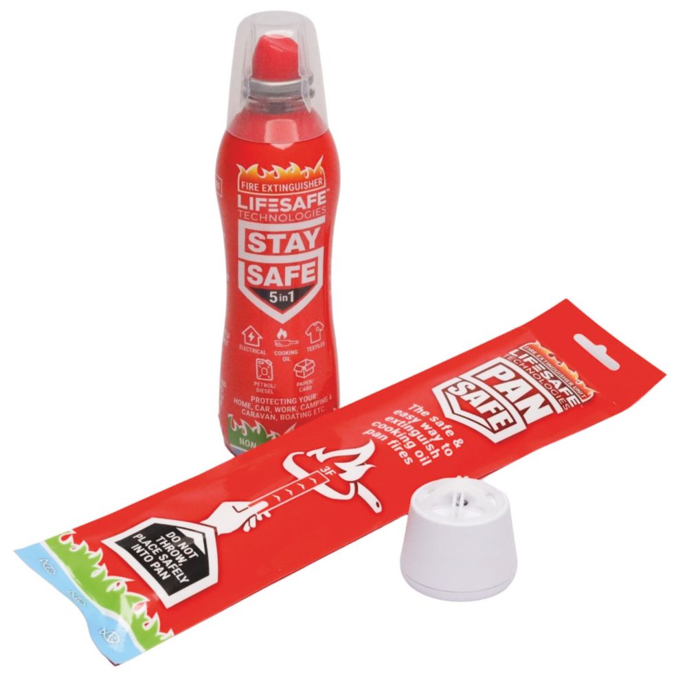 Image of LifeSafe Technologies StaySafe Kitchen Safe Fire Extinguisher, Pan Fire Sachet & Heat Alarm 3 Pieces 