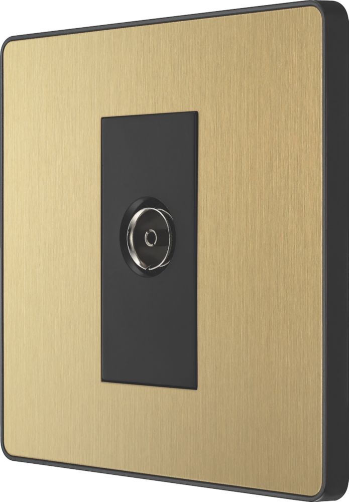 Image of British General Evolve 1-Gang Coaxial TV / FM Socket Satin Brass with Black Inserts 