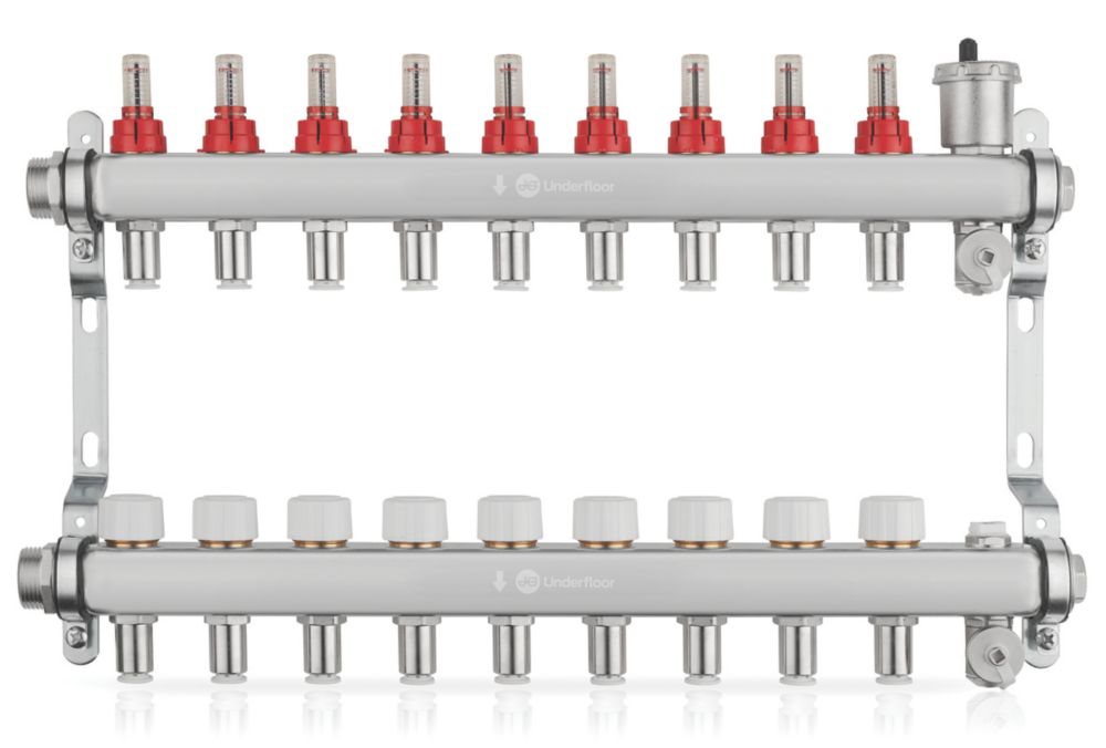 Image of JG Underfloor 9 Port LowFit Underfloor Heating Manifold Brushed Steel 