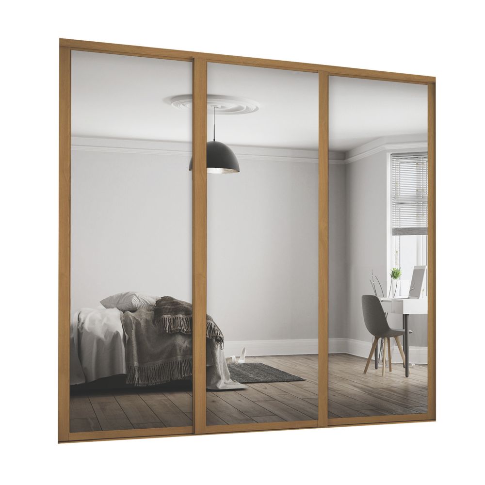 Image of Spacepro Shaker 3-Door Framed Sliding Wardrobe Mirror Doors Oak Frame Mirror Panel 2136mm x 2260mm 
