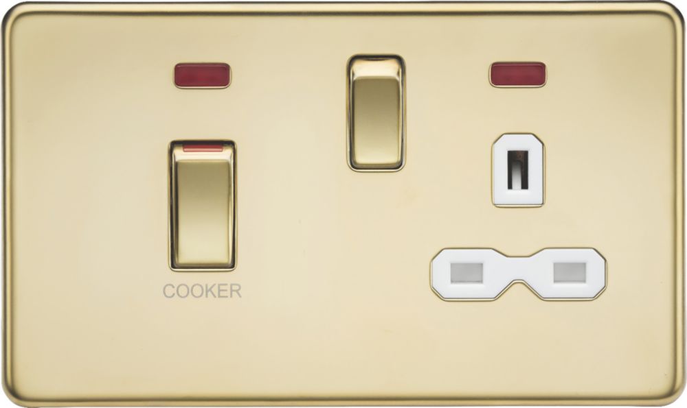 Image of Knightsbridge 45 & 13A 2-Gang DP Cooker Switch & 13A DP Switched Socket Polished Brass with LED with White Inserts 