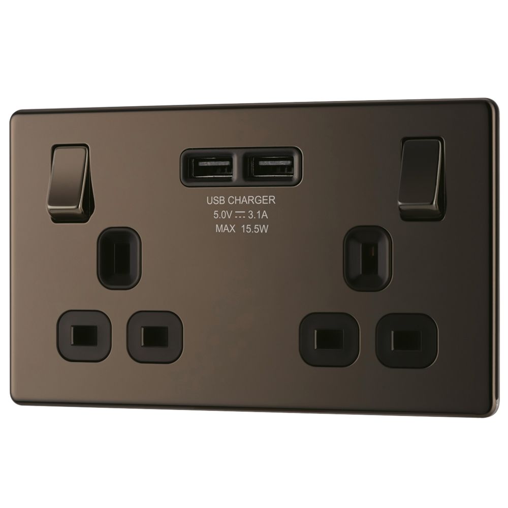 Image of LAP 13A 2-Gang DP Switched Socket + 3.1A 2-Outlet Type A USB Charger Black Nickel with Black Inserts 