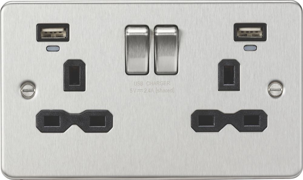 Image of Knightsbridge 13A 2-Gang SP Switched Socket + 2.4A 2-Outlet Type A USB Charger Brushed Chrome with Black Inserts 