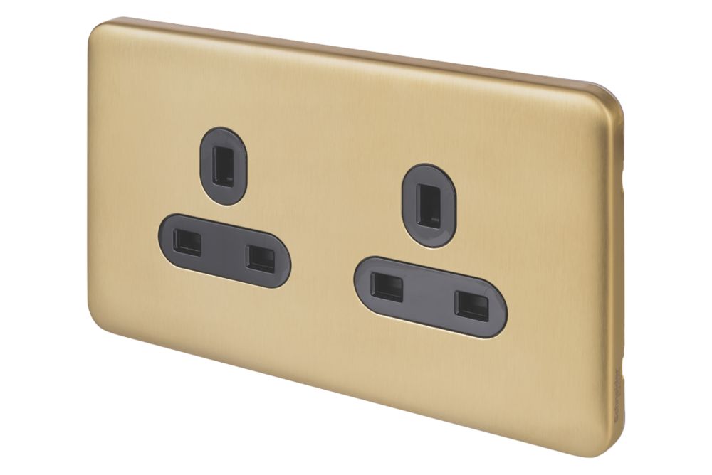 Image of Schneider Electric Lisse Deco 13A 2-Gang Unswitched Plug Socket Satin Brass with Black Inserts 
