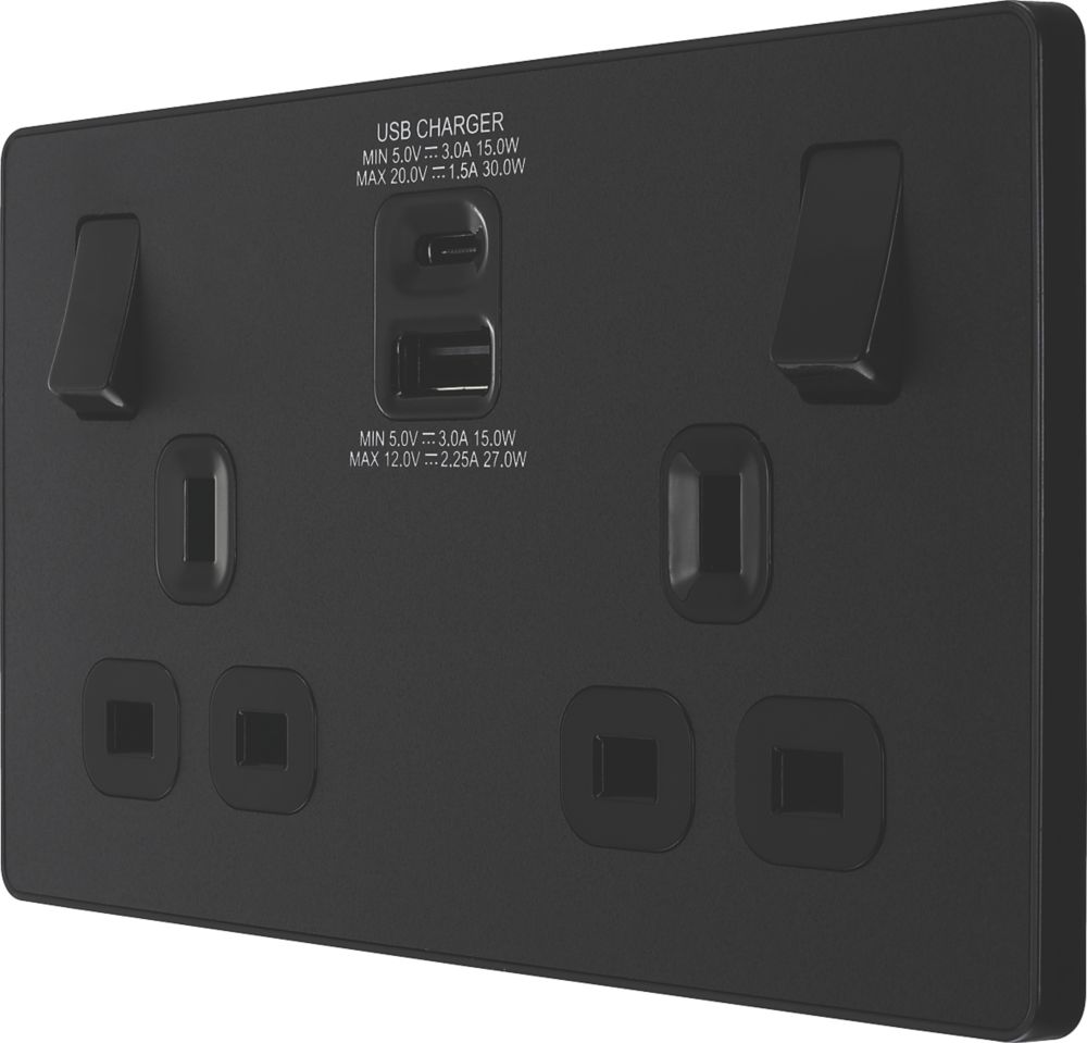 Image of British General Evolve 13A 2-Gang SP Switched Socket + 3A 2-Outlet Type A & C USB Charger Matt Black with Black Inserts 