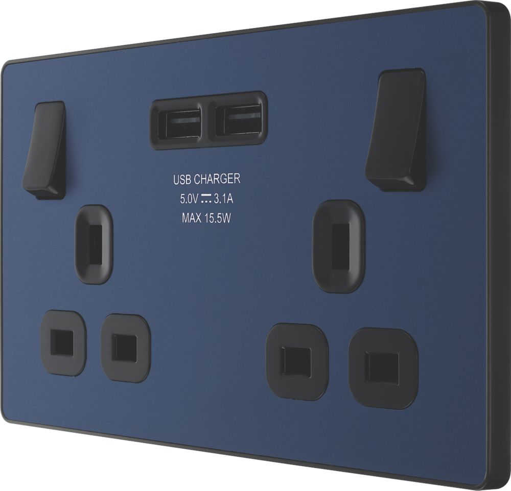 Image of British General Evolve 13A 2-Gang SP Switched Socket + 3.1A 2-Outlet Type A USB Charger Blue with Black Inserts 