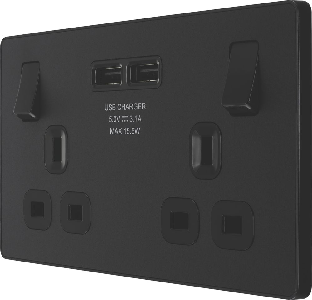 Image of British General Evolve 13A 2-Gang SP Switched Socket + 3.1A 2-Outlet Type A USB Charger Matt Black with Black Inserts 