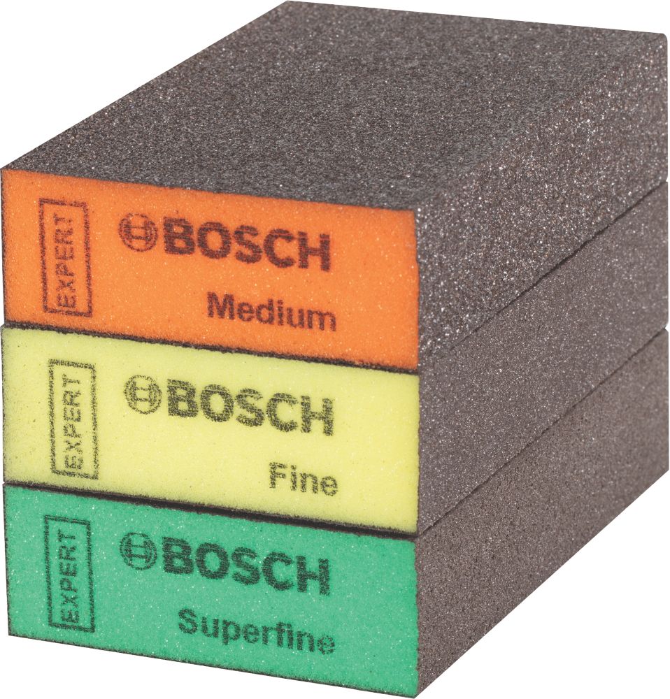 Image of Bosch Expert Hand Sanding Sponges 67mm x 97mm Med/Fine/Superfine Grit 3 Pack 