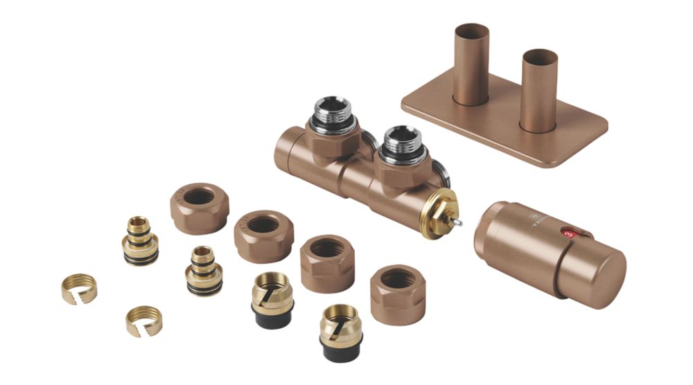 Image of Terma Twins All-in-One Integrated Copper Angled Thermostatic TRV, Lockshield & Pipe Masking Set L/S 1/2" x 15mm 