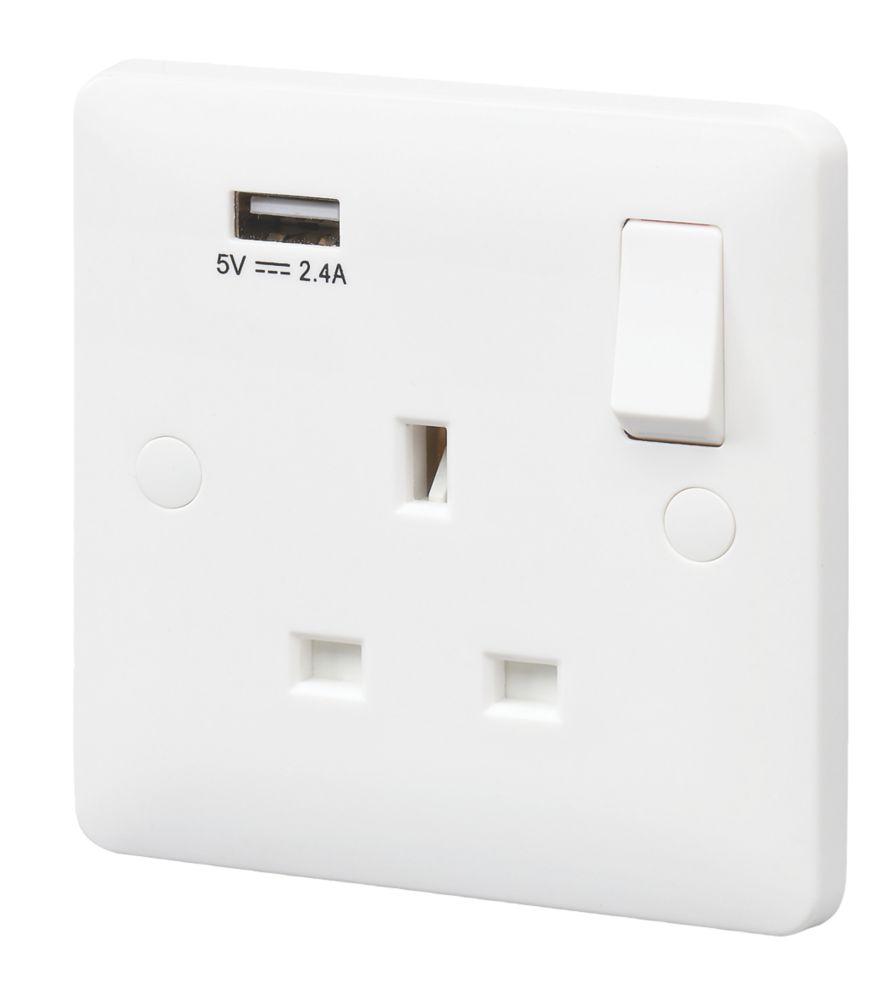 Image of MK Base 13A 1-Gang DP Switched Socket + 2.4A 1-Outlet Type A USB Charger White with White Inserts 