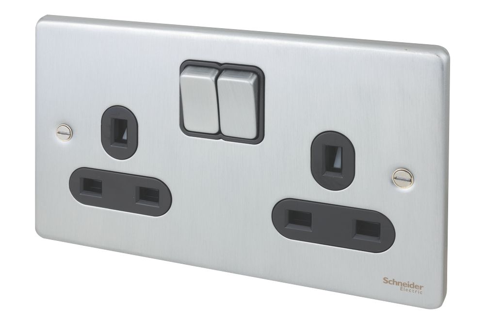 Image of Schneider Electric Ultimate Low Profile 13A 2-Gang SP Switched Plug Socket Brushed Chrome with Black Inserts 