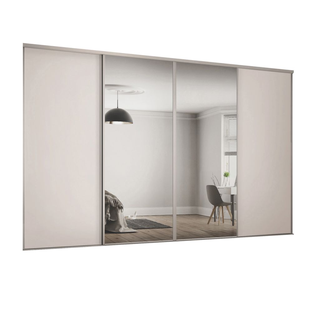 Image of Spacepro Classic 4-Door Sliding Wardrobe Door Kit Cashmere Frame Cashmere / Mirror Panel 2978mm x 2260mm 