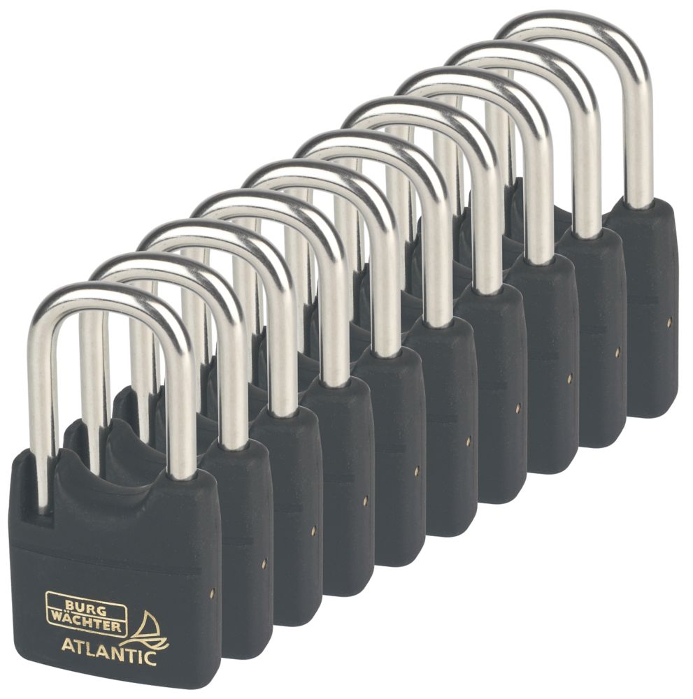 Image of Burg-Wachter Brass Keyed Alike Water-Resistant Long Shackle Black Padlocks 40mm 10 Pack 