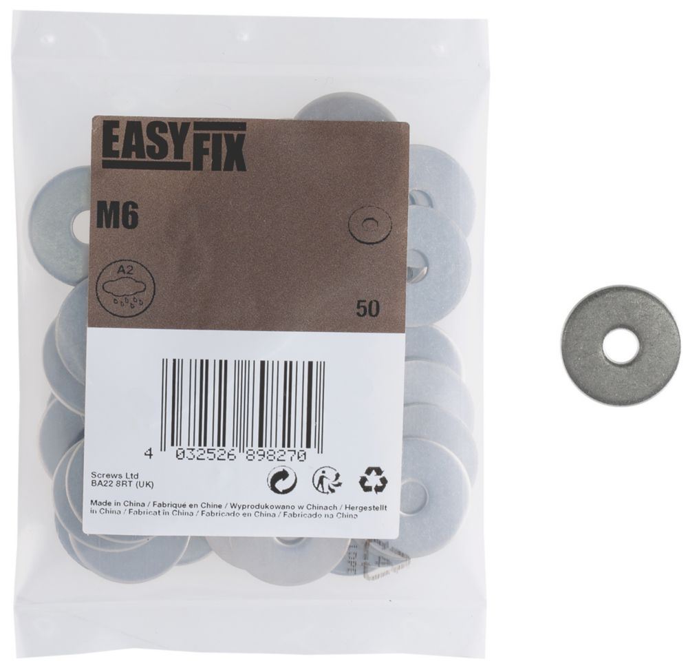 Image of Easyfix A2 Stainless Steel Washers M6 x 1.3mm 50 Pack 