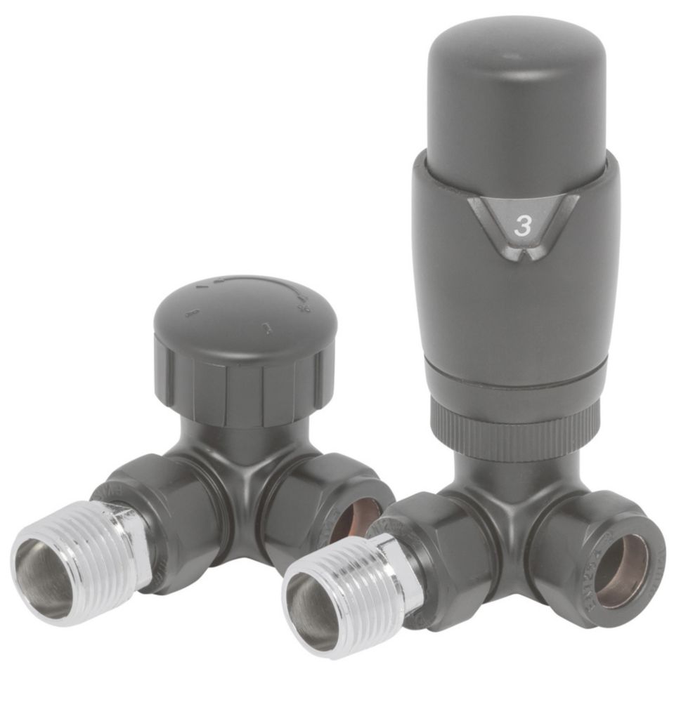 Image of Towelrads Anthracite Angled Thermostatic Corner TRV & Lockshield 15mm x 1/2" 